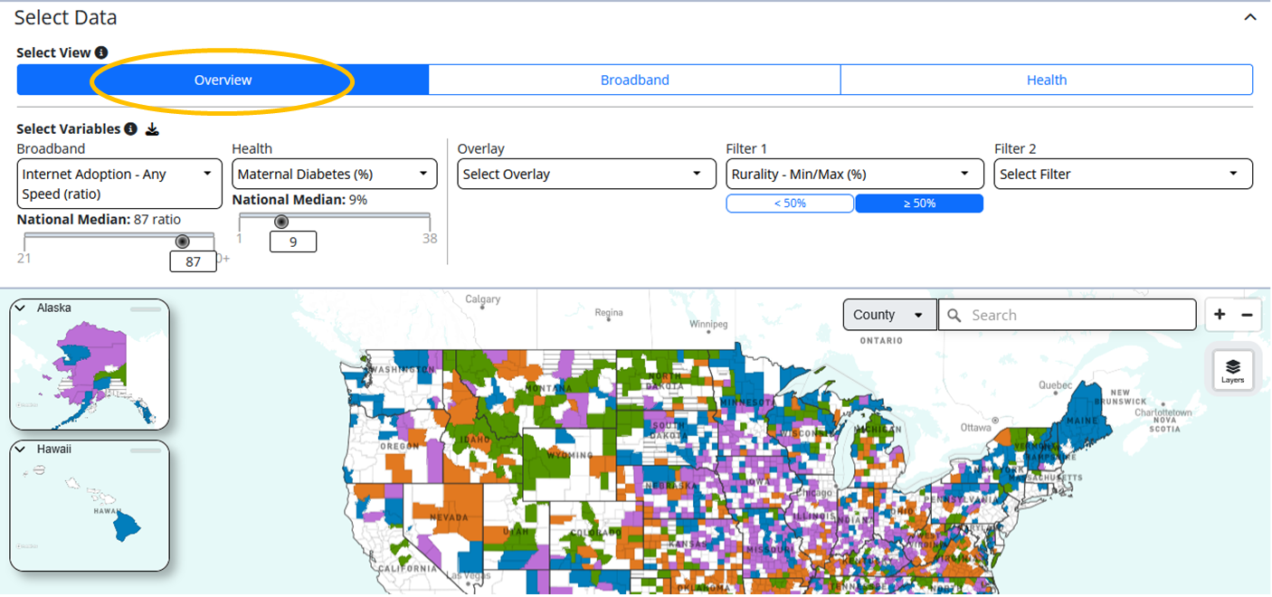 The platform allows you to intersect broadband and health data in three unique ways, called “Views.” The Overview view shows where broadband and health needs coincide.
